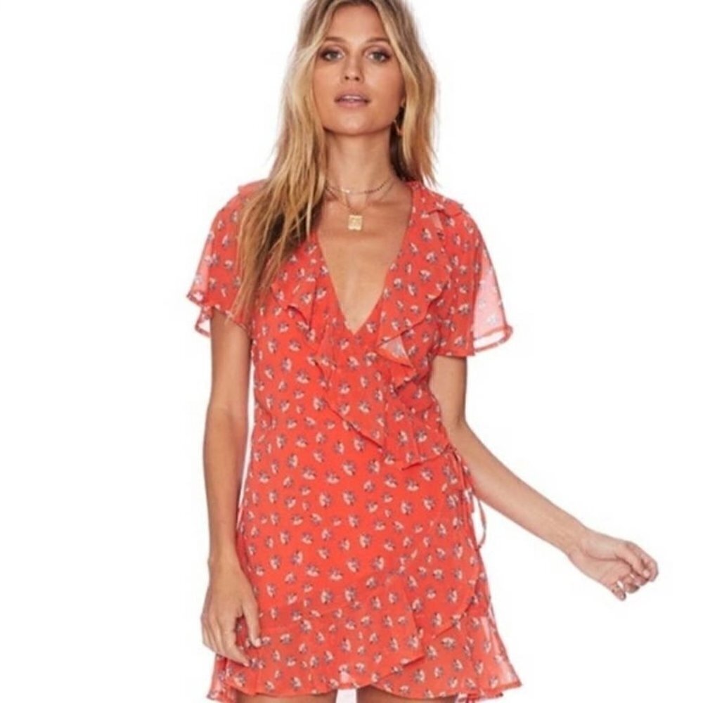 Beach Riot Coral Ruffled Wrap Style Sheer Short Sleeve Sun Dress - Small